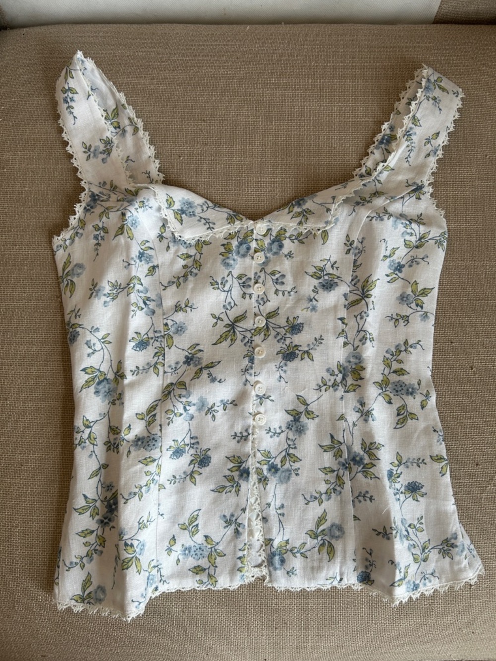 BEST Reformation Viola Linen Top Nostalgia Floral White Blue French Causal - Picture 5 of 11